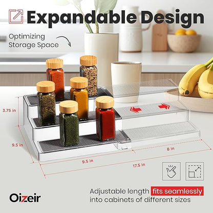 Oizeir Expandable Spice Rack Organizer for Cabinet (2 Pack), 3-Tier Clear Tiered Shelf, Non-Slip Adjustable Spice Cabinet Organizer for Kitchen Pantry, Medicine, Seasoning & Bottle Storage - Image 2