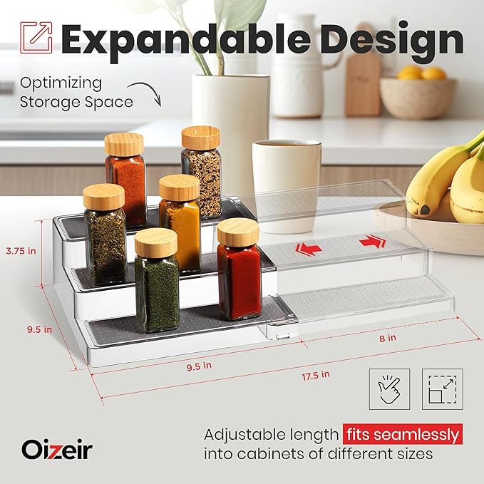 Oizeir Expandable Spice Organizer Rack - 3-Tier - Clear Adjustable Tiered Shelf Spices Organization for Kitchen Cabinet and Pantry Storage - Image 2