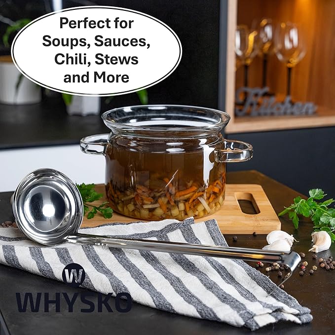 Whysko Soup Ladles Stainless Steel, 3-Pack of 6 oz. Metal Ladle Spoons, Rustproof Heat-Resistant Materials for Cooking and Serving Soups and Sauces, Commercial Grade Kitchen Essentials
