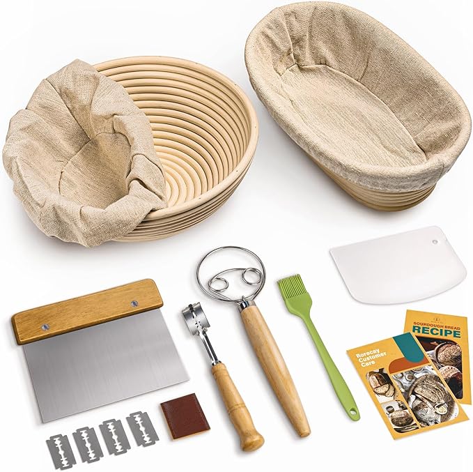 RORECAY Bread Banneton Proofing Basket Set, 9 Inch Round & 10 Inch Oval Cane Sourdough Baskets with Dough Whisk Lame Dough Scraper Bowl Scraper Silicone Brush Sourdough Bread Baking Supplies by Rorecay
