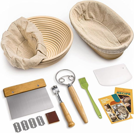 RORECAY Bread Banneton Proofing Basket Set, 9 Inch Round & 10 Inch Oval Cane Sourdough Baskets with Dough Whisk Lame Dough Scraper Bowl Scraper Silicone Brush Sourdough Bread Baking Supplies by Rorecay