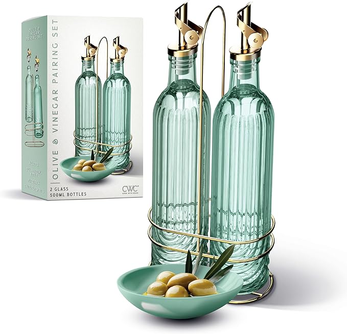 COOK WITH COLOR Glass Olive Oil Bottle Dispenser - 2 Pack- 17oz Oil and Vinegar Cruet - Olive Oil Carafe Decanter for Kitchen, Elegant Fluted, Green by CookwithColor