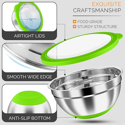 HaWare Mixing Bowls, 24-Piece Stainless Steel Salad Serving Bowl with Airtight Clear Lids, Metal Nesting Bowl For Kitchen Cooking Prepping Storing with 3 Graters, 4.6/2.6/1.5/1/0.7 QT, Colorful