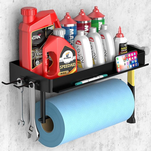 SUNTECH Garage Paper Towel Holder with Shelf, One Hand Tear, 12 inch Shop Paper Towel Holder, Paper Towel Holder Wall Mount with 2 Detachable Hooks for Garage and Tool Room (Black) by Suntech