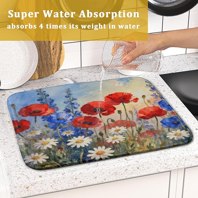 4th of July Dish Drying Mat for Kitchen Counter 16x18 Patriotic Floral Independence Day Memorial Holiday Absorbent Reversible Microfiber Drying Mats Kitchen Countertop Protector Dishes Drainer Pad - Image 3