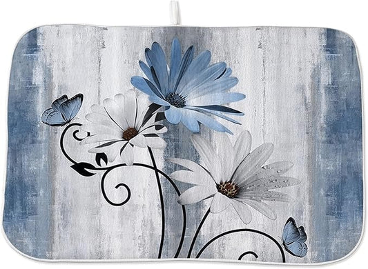 Floral Dish Drying Mat 18x24 Inches For Kitchen Counter Blue Daisy Flower Kitchen Decoration Drying Mat Modern Decorative Drying Pad For Home Kitchen Decor,Dining Room,Office Decor