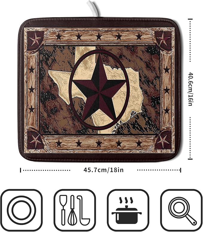 Giwawa Western Texas Star Dish Drying Mat 16"x18", Rustic Primitive Country Style Dish Drainer Mats, Farmhouse Brown Reversible Dish Drying Rack Pad Protector for Kitchen Tabletop Small Decor