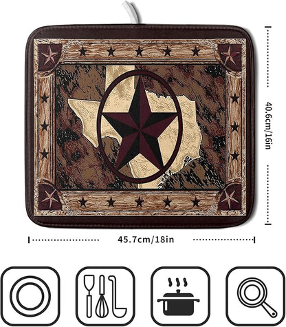 Giwawa Western Texas Star Dish Drying Mat 16"x18", Rustic Primitive Country Style Dish Drainer Mats, Farmhouse Brown Reversible Dish Drying Rack Pad Protector for Kitchen Tabletop Small Decor