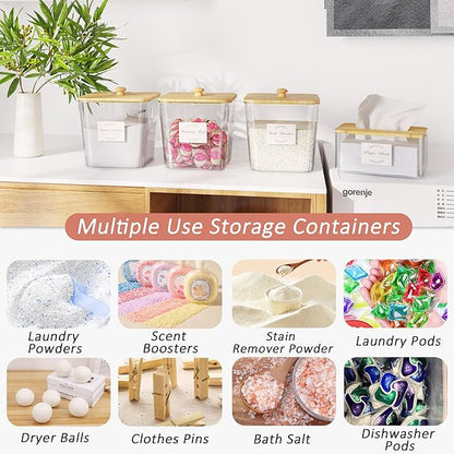Vincona Laundry Room Organization and Storage, Laundry Pods Container and Dryer Sheet Holder with Bamboo Lids and Labels, Laundry Organizer with Scoops for Booster Beads, Powder, Pods, 3+1 Pack
