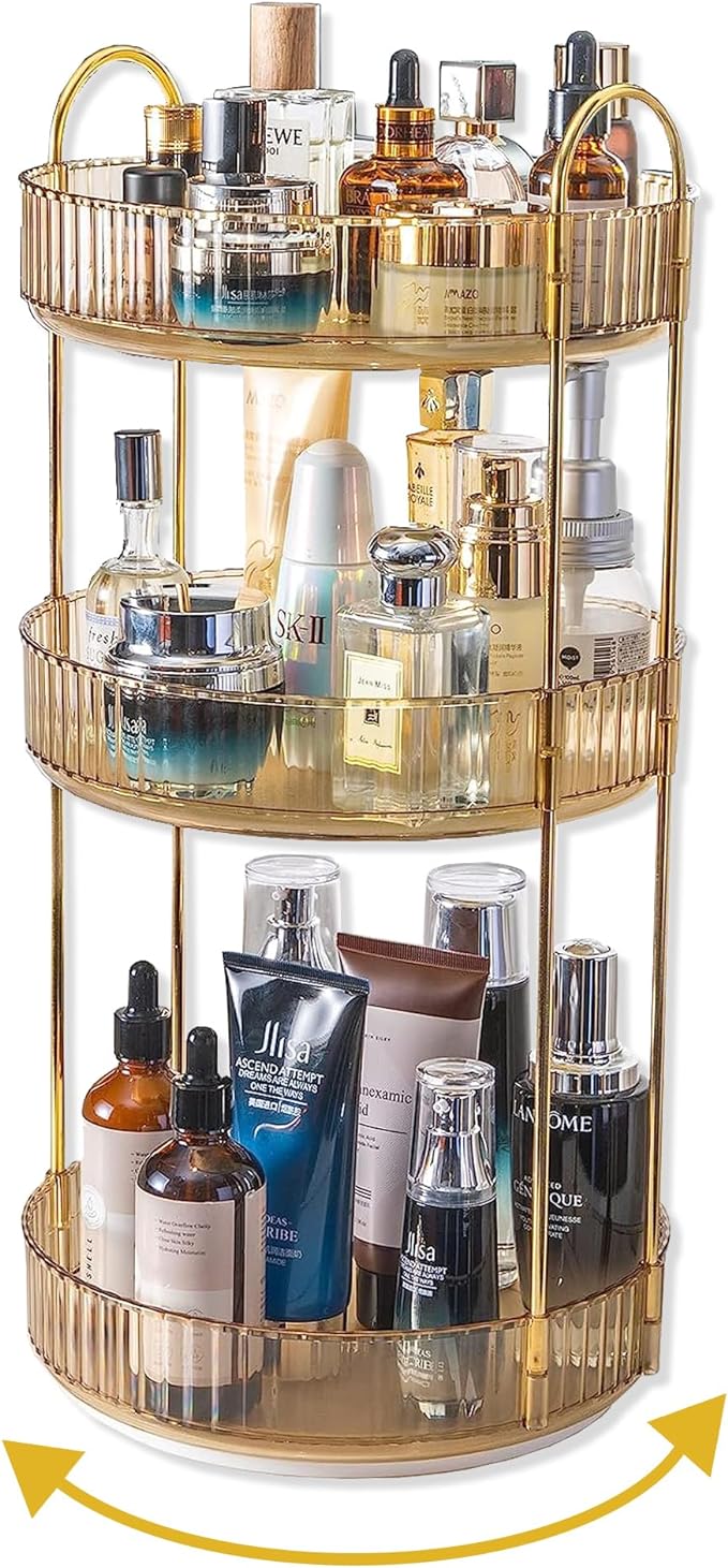Asayuee 360 Rotating Makeup Organizer for Vanity,3 Tier Large Capacity Vanity Storage,Skincare Perfume Spinning Organizer,Bathroom Cosmetics Storage Makeup Stand Organizer (Gold-3 Tier) by Asayuee