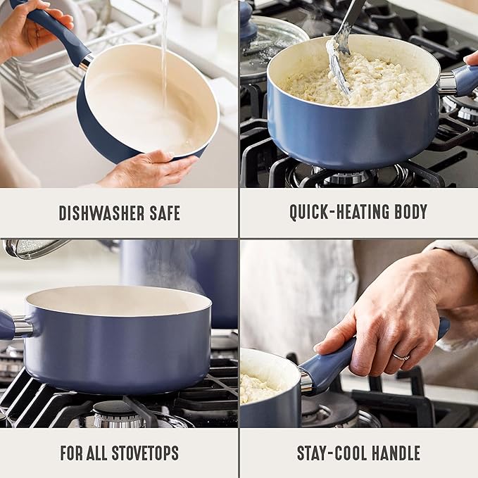 GreenLife 2 Quart Nonstick Saucepan with Lid, Non-Toxic Ceramic Pot, Dishwasher Safe, Stay-Cool Handle, Induction Ready, Fast Heating, PFAS/PFOA Free, Easy Clean, Slate Blue - Image 4