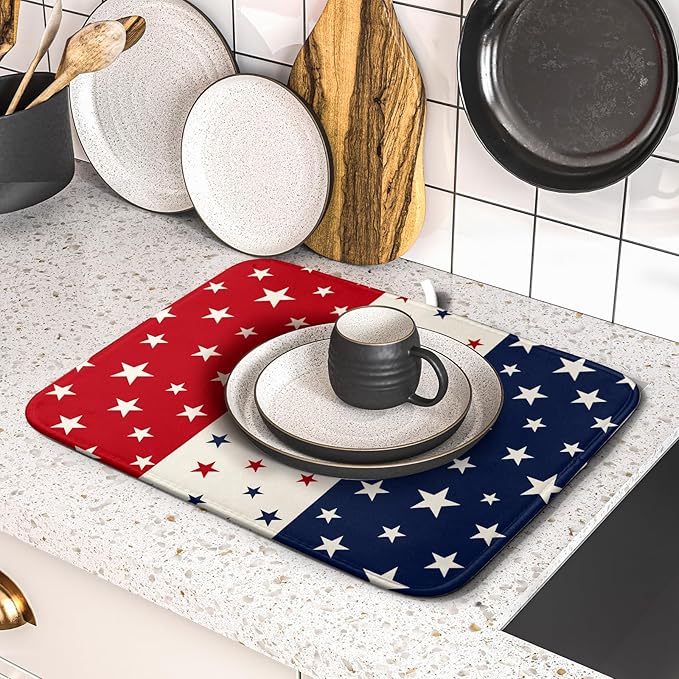 Blue Red White Star July of 4th Patriotic Dish Drying Mat for Kitchen Counter 16x18 Independence Day Absorbent Reversible Microfiber Drying Mats Kitchen Countertop Protector Dishes Drainer Rack Pad - Image 4
