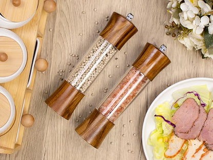 XWXO Acacia Wood Premium Acrylic Salt and Pepper Grinder Set 8 Inches Salt and Pepper Mill Set, Manual Mills- Wooden Shakers with Adjustable Ceramic Core 2 Pack for Kitchen Home Gift - Image 4