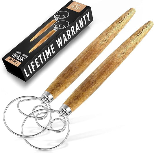 Zulay Kitchen 13-Inch Danish Dough Whisk - Stainless Steel Wooden Whisk with Dough Hook - Sourdough Whisk for Bread, Pizza, Pastry, Cake Batter & More - 2 Pack Acacia by ZulayKitchen