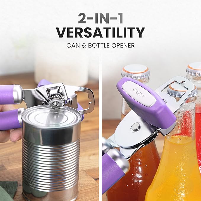 Zulay Kitchen Heavy Duty Stainless Steel Can Opener Manual with Bottle Opener - Rust Proof Manual Can Opener With Turn Knob & Comfy Soft Grip Handles - Lavender - Image 7