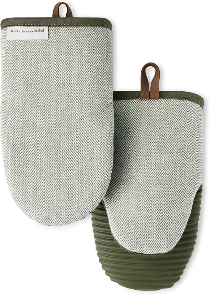 KITCHENAID® Evergreen Design Series Herringbone Ribbed Soft Silicone Mini Oven Mitts 2-Pack Set, Heat Resistant up to 500°F, Flexible & Waterproof, Deep Forest Green, 5.5"x9" by KitchenAid