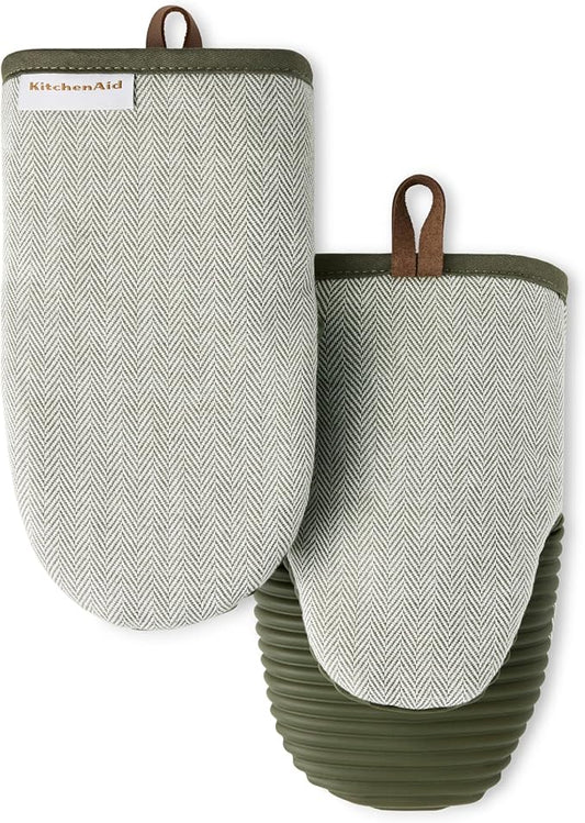 KITCHENAID® Evergreen Design Series Herringbone Ribbed Soft Silicone Mini Oven Mitts 2-Pack Set, Heat Resistant up to 500°F, Flexible & Waterproof, Deep Forest Green, 5.5"x9" by KitchenAid