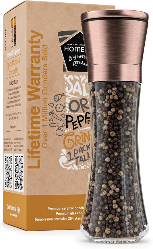 HOME EC Original Stainless Steel Salt or Pepper Grinder 1pk - Adjustable Ceramic Sea Salt Grinder or Pepper Mill - Tall Glass Spice Shaker - Spice Mill w/Ebook (Copper) by HOMEEC