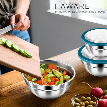 HaWare Mixing Bowls with Airtight Clear Lids, 6-Piece Stainless Steel Strong Nesting Bowls Set, Metal Salad Bowl for Cooking, Prepping, Baking, Serving & Food Storage, Size 4.6, 3, 1.5QT, Teal Blue - Image 7