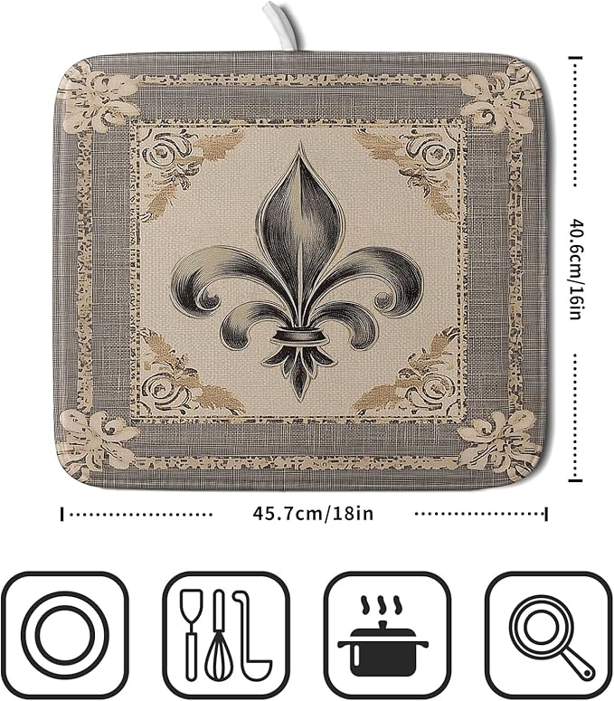 Giwawa Mardi Gras Dish Drying Mat for Kitchen Vintage Fleur De Lis Print Dish Drainer Mats 16x18inch Country Style Dish Drying Rack Pad Protector for Countertop Dining Holiday Decor