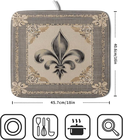 Giwawa Mardi Gras Dish Drying Mat for Kitchen Vintage Fleur De Lis Print Dish Drainer Mats 16x18inch Country Style Dish Drying Rack Pad Protector for Countertop Dining Holiday Decor