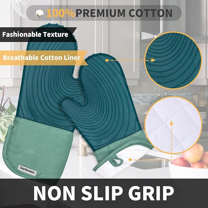 Silicone Oven Mitt Pack,Cotton Lined Gloves, BPA-Free, Long Cooking Mitts and Trivet Mats, Silicone Grilling Gloves for BBQ, 2 Pieces, (Green) - Image 5