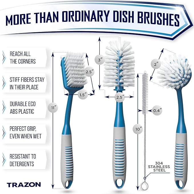 Dish Brush Set of 4 - Kitchen Scrub Brushes with Non-Slip Long Handle for Cleaning, Scrubber, Dishwashing, Dishes, Bottles, Straws, Cups, Pots & Sink, Blue - Image 2