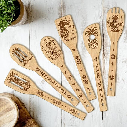 CUTHOLLOW 6PCS Happy as a Pineapple Wooden Kitchen Cooking Utensil Set, 11.9in Non Toxic Bamboo Wood Spoon Set for Cooking, Best Housewarming Birthday Thanksgiving Christmas Gift for Women Mother
