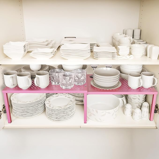 Simple Houseware Expandable Stackable Kitchen Counter Shelf Organizer, Pink, Metal Top, 11.25 in L x 7.9 in W x 5.4 in H - Image 2