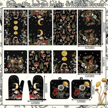 12 Pcs Black Witchy Kitchen Decor Set 4 Mushroom Kitchentowels 4 Absorbent Dishcloths 2 Sun Moon Star Oven Mitts Gloves 2 Butterfly Rustic Pot Holders Sets for Home Decorations Mom Gifts