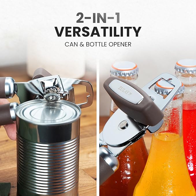 Zulay Kitchen Heavy Duty Stainless Steel Can Opener Manual with Bottle Opener - Rust Proof Manual Can Opener With Turn Knob & Comfy Soft Grip Handles - Brown - Image 7