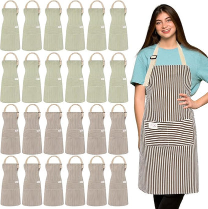 Janmercy 24 Pcs Aprons for Women Men with 2 Pockets Linen Cooking Kitchen Apron Adjustable Bib Chef Apron Bulk Aprons Unisex