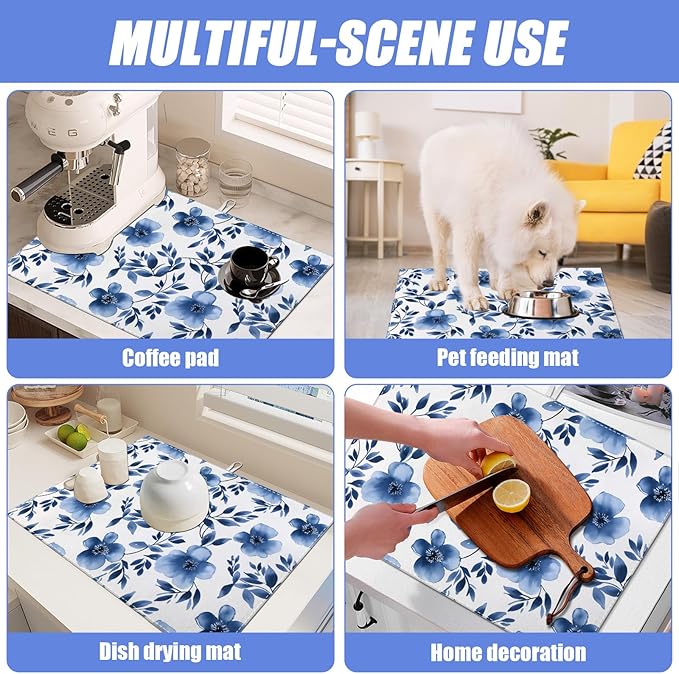 Blue Floral Dish Drying Mat for Kitchen Counter Flower Leaves Drying Pad Absorbent Reversible Dish Drainer Rack Mats Draining Pad 18"x24"Inch - Image 7