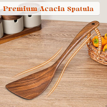 Wooden Spatula for Cooking, Acacia Wood Flat Frying Spatulas, Long Handle Spatula Turner for Non Stick Pans, Non-Scratch, Wooden Kitchen Utensils for Cooking, Frying, Baking - Image 6