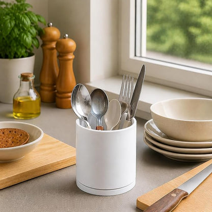 D'vine Dev 360° Rotating Utensil Holder – 5" Kitchen Utensil Crock for Countertop, Modern Cooking Tool Organizer for Kitchen Storage & Décor, White, 72-X-A-1