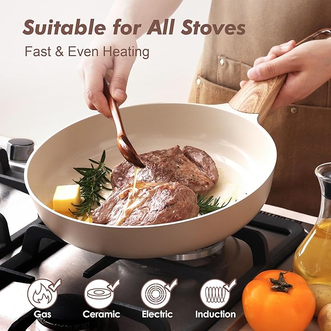 SENSARTE Ceramic Nonstick Frying Pan Skillet 9.5Inch Non Stick Omelette Pans, Non-toxic Healthy Kitchen Cooking Chef's Pan, Free of Intentionally Added PFOA/PFAS/PTFE, Induction Compatible, Taupe - Image 2