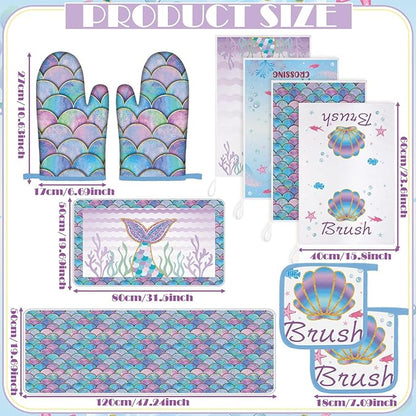 Fourluoo 10 Pcs Mermaid Kitchen Dish Towels Rugs Oven Mitts and Pot Holders Set Farmhouse Kitchen Decor Set for Women Mom Daughter Gift Cooking Baking Grilling