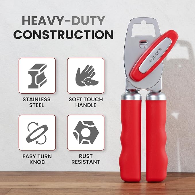 Zulay Kitchen Heavy Duty Stainless Steel Can Opener Manual with Bottle Opener - Rust Proof Manual Can Opener With Turn Knob & Comfy Soft Grip Handles - Cherry Red - Image 3