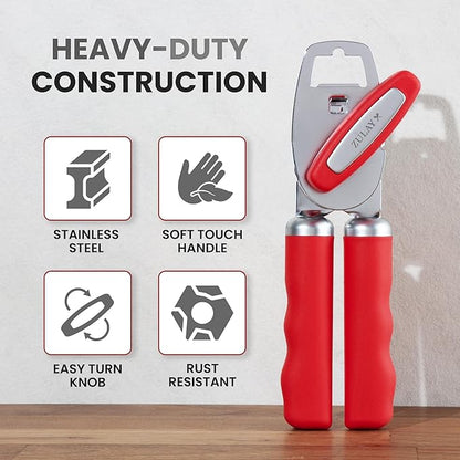 Zulay Kitchen Heavy Duty Stainless Steel Can Opener Manual with Bottle Opener - Rust Proof Manual Can Opener With Turn Knob & Comfy Soft Grip Handles - Cherry Red - Image 3