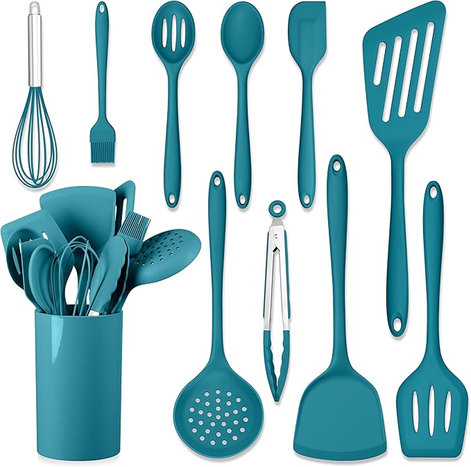 HaWare 11 PCS Silicone Cooking Utensils Set, Heat Resistant Kitchen Utensils with Holder, Food-grade Spatula Sets for Nonstick Cookware, Kitchen Tools Gadgets Include Fish Turner, Spoon (Blue) by HaWare