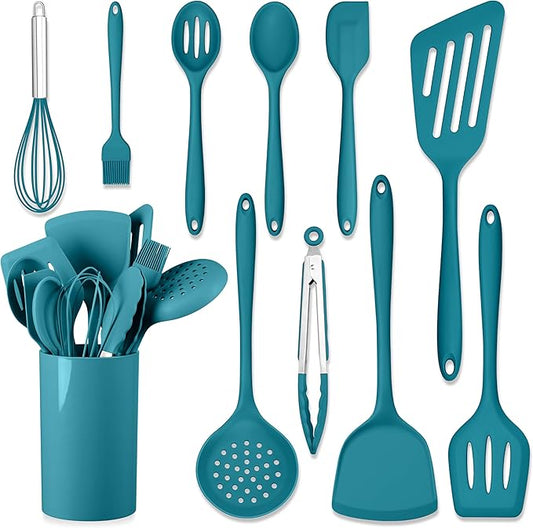 HaWare 11 PCS Silicone Cooking Utensils Set, Heat Resistant Kitchen Utensils with Holder, Food-grade Spatula Sets for Nonstick Cookware, Kitchen Tools Gadgets Include Fish Turner, Spoon (Blue) by HaWare