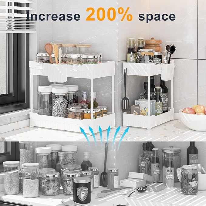 Sevenblue 2 Pack Under Sink Organizer, Under Bathroom Cabinet Organizer with Hooks Hanging Cup, Multi-Purpose Storage Shelf for Kitchen Bathroom (White, 12.8 Inch) - Image 2