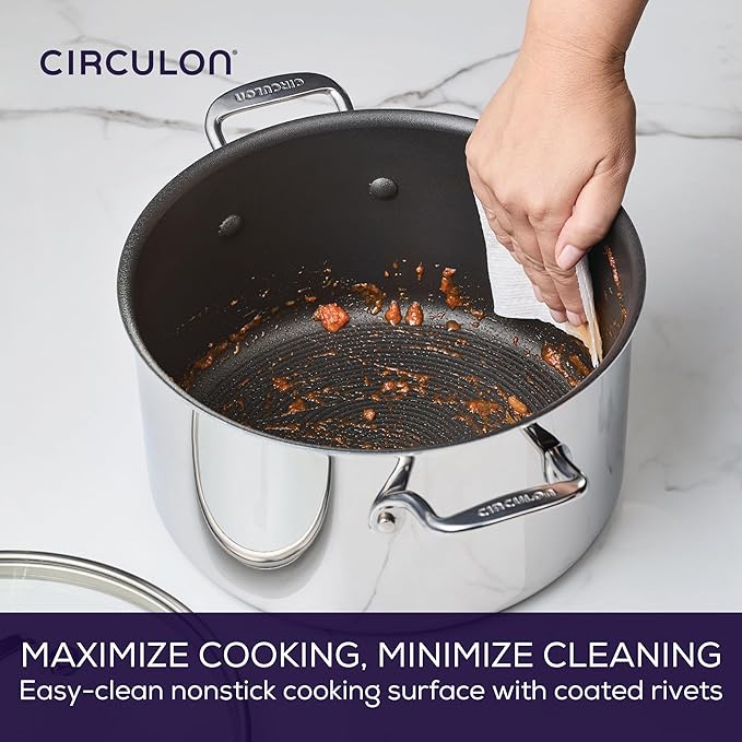 Circulon C1 Series Clad Stainless Steel with ScratchDefense Technology Cookware Nonstick Induction Stockpot with Lid, Metal Utensil Safe, 8 Quart - Polished Stainless Steel