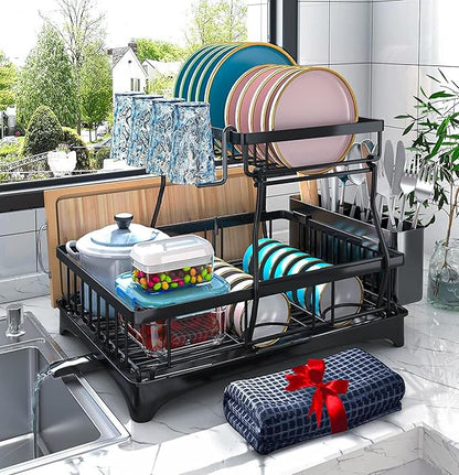Godboat Dish Drying Rack, 2-Tier Dish Rack with Auto-Drain & Mat, Dish Racks for Kitchen Counter, Dish Drainer with Knife, Fork & Cup Rack, Gifts for Women, Mothers Day, Cool Stuff & Kitchen Gadgets by Godboat