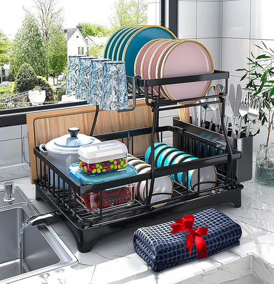 Godboat Dish Drying Rack, 2-Tier Dish Rack with Auto-Drain & Mat, Dish Racks for Kitchen Counter, Dish Drainer with Knife, Fork & Cup Rack, Gifts for Women, Mothers Day, Cool Stuff & Kitchen Gadgets by Godboat