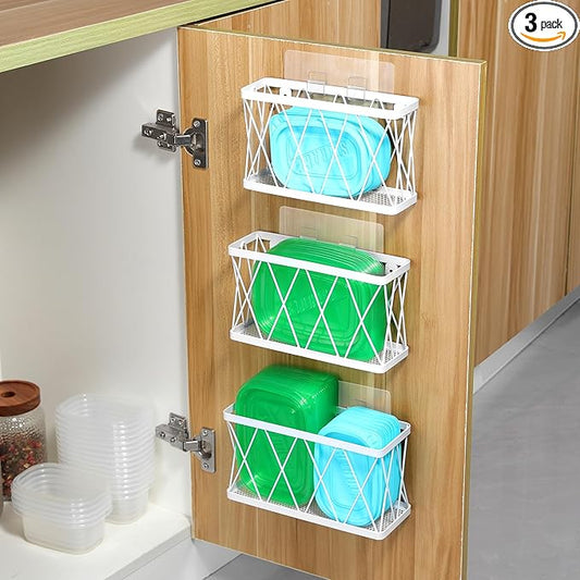 YIGII 3 Pack Adhesive Cabinet Door Organizer - Lid Storage Organizer for Tupperware, Wall Mounted Pantry Door Organizer Kitchen RV Storage Wall Under Sink Basket Slim Space, White Stainless Steel by YIGII