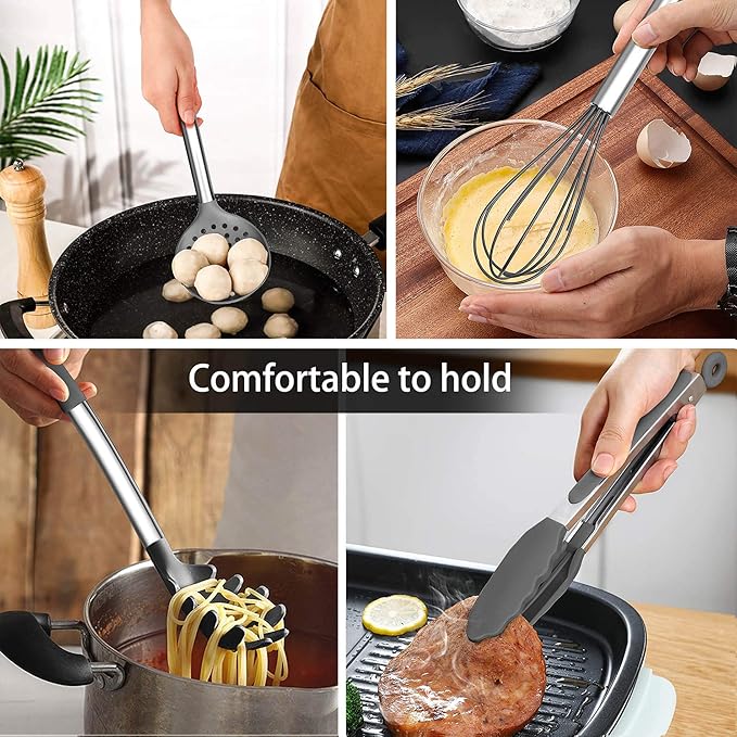 LIANYU 15-Piece Cooking Kitchen Utensils Set with Holder, Silicone Kitchen Tools Stainless Steel Handle, Slotted Spatula Spoon Turner Tong Whisk Brush for Cooking, Gray - Image 6