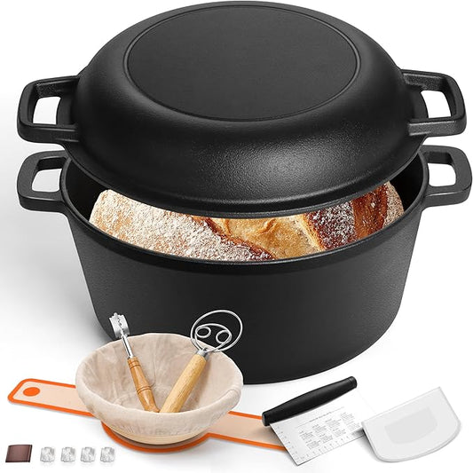 E-far 5QT Dutch Oven for Bread Baking, 2-IN-1 Cast Iron Pot with Skillet Lid & Sourdough Starter Kit, Bread Oven Pan with Baking Supplies for Frying, Braising, BBQ, Rust-Free & Heavy Duty