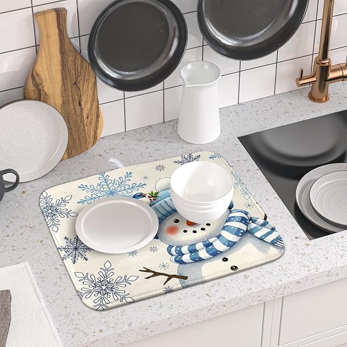 Winter Snowman Dish Drying Mat for Kitchen Counter 16x18 Blue Snowflake Bird Christmas Holiday Absorbent Reversible Microfiber Drying Mats Kitchen Countertop Protector Dishes Drainer Rack Pad - Image 6