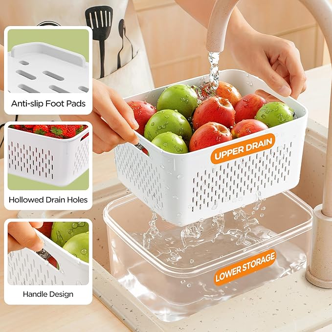 6 PCS Fruit Storage Containers for Fridge with Removable Colanders, 6 Plastic Food Storage Containers with 6 Lids, Leakproof Produce Containers Keep Fruits, Vegetables, Berry, Meat Fresh Longer - Image 2